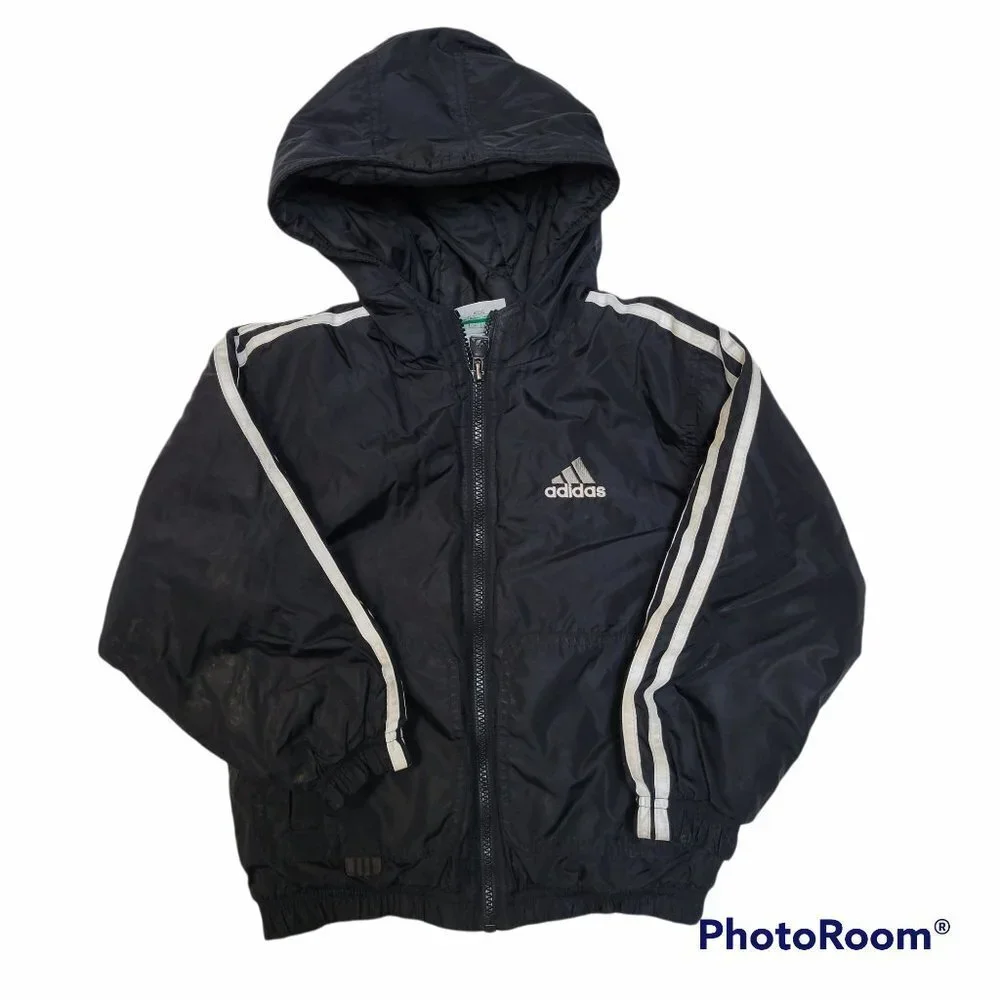 Adidas Black Hooded Quilted 3 Stripe Puffer Jacket Boys - Small (Size 4)